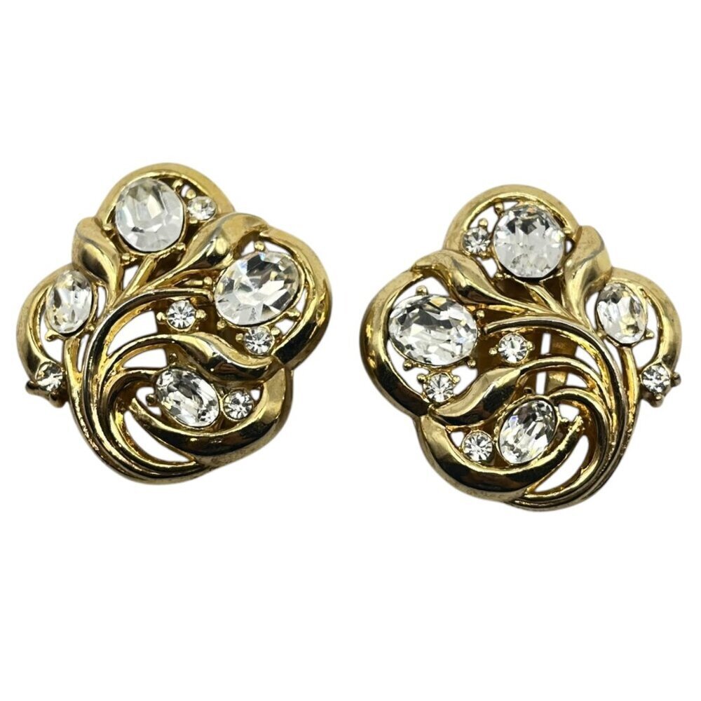 Vintage Crown Trifari Gold Tone Rhinestone Floral Button Clip On Earrings Glam‎